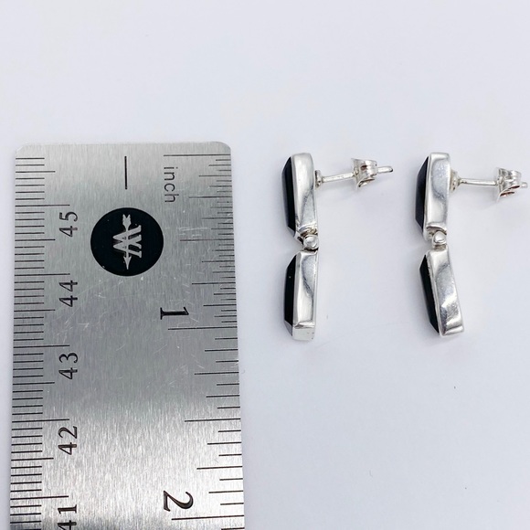 Sterling Silver 950 Onyx Hinged Drop Earrings. - Picture 8 of 9